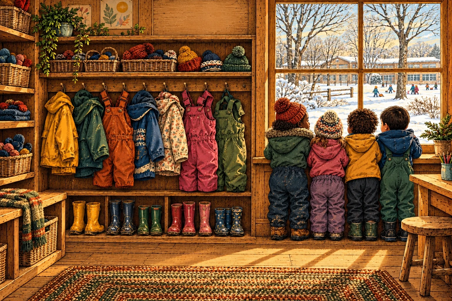 Children in winter gear looking out from the school Gear Shop